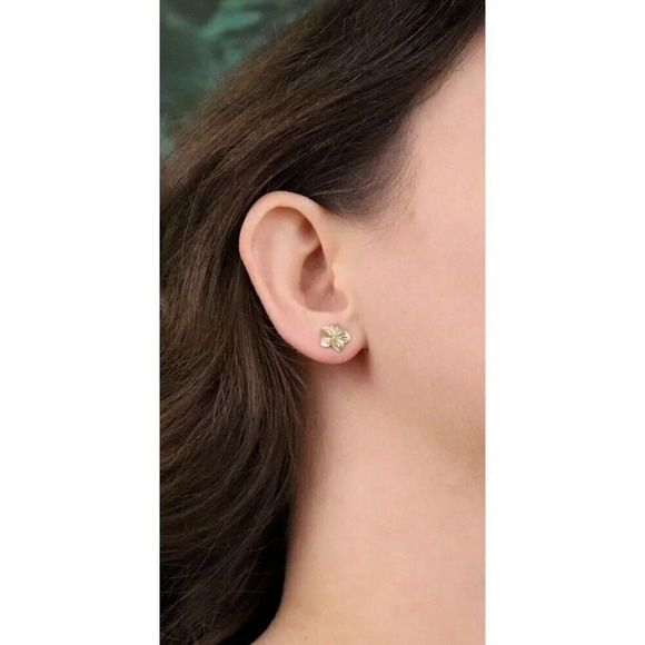 10k Yellow Gold Plumeria Flower Earrings Stud Post - Picture 4 of 8